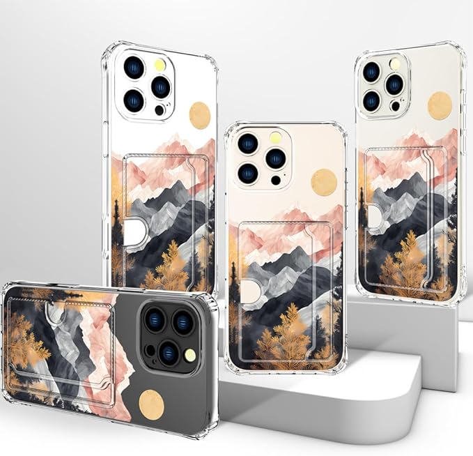 Compatible with iPhone 16 Pro Case Card Holder for Women Cute Design,Wallet Phone Cases Transparent Cool Kawaii Protective (Clear Mountain Hill Landscape)