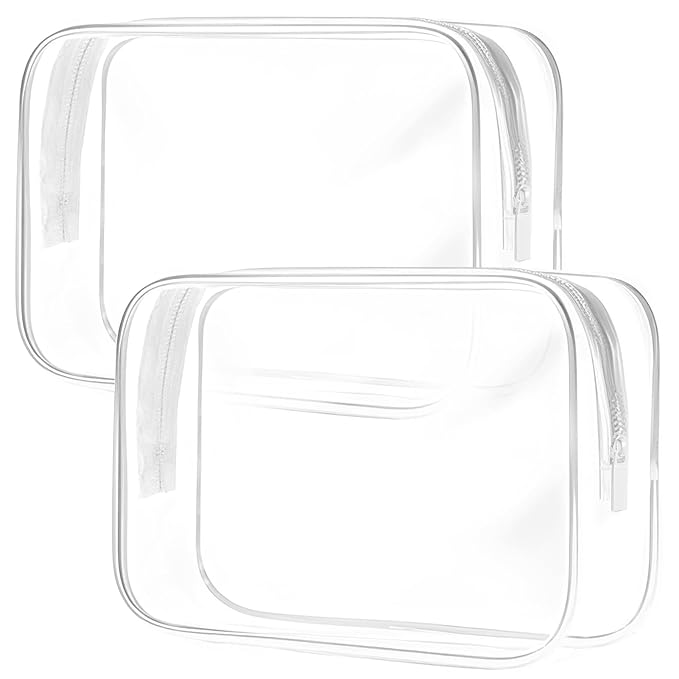 TRODANCE Clear Toiletry Bag, 2 Packs TSA Approved Water resistant Travel Organizer, Airport Airline Travel Essential Carry On Makeup Cosmetic Bags for Women, White - 2 packs