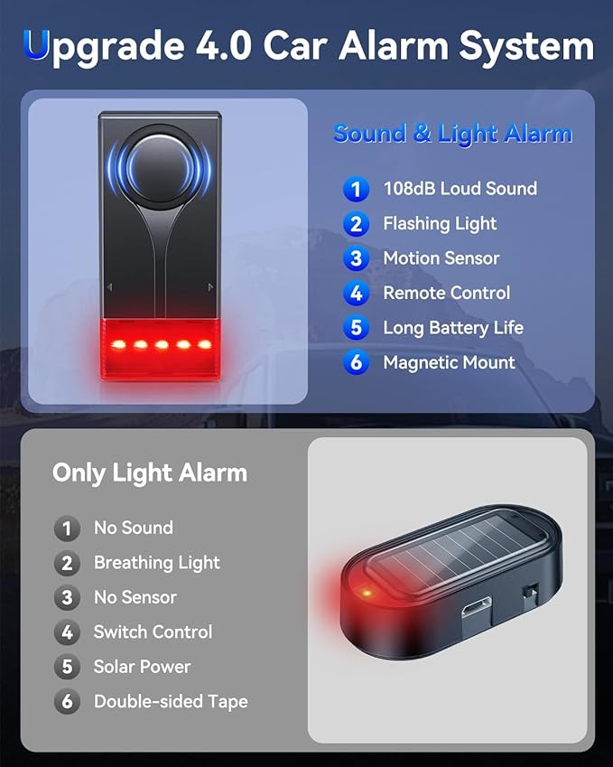 108dB Car Alarm System, Car Anti-Theft Vibration Sensor Alarm & Red Light, Wireless Remote Anti Theft Vehicle Device with Magnetic Install Design for RV, SUV, Truck
