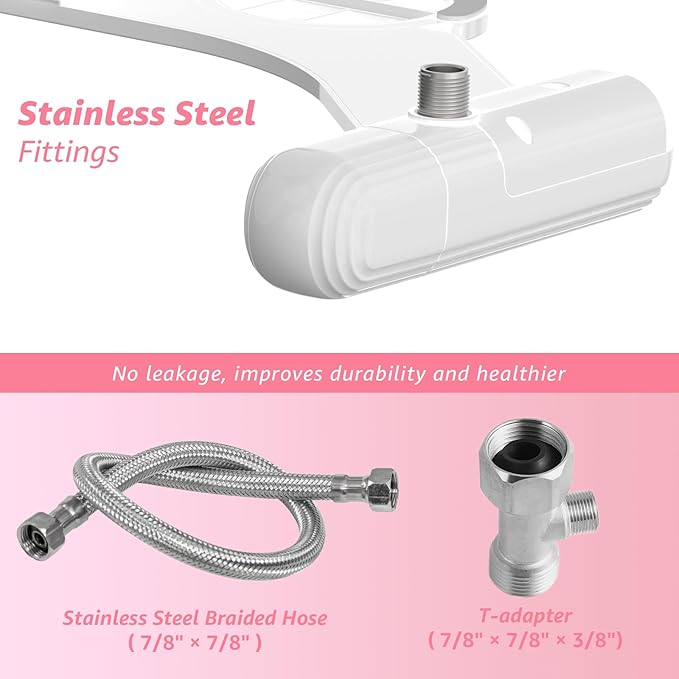 Ultra-Slim Bidet Attachment for Toilet, Non-Electric Dual Nozzle (Rear & Feminine Wash), Adjustable Water Pressure, Easy to Install, Fits Most Toilets, Stainless Steel Hose, Pink & White