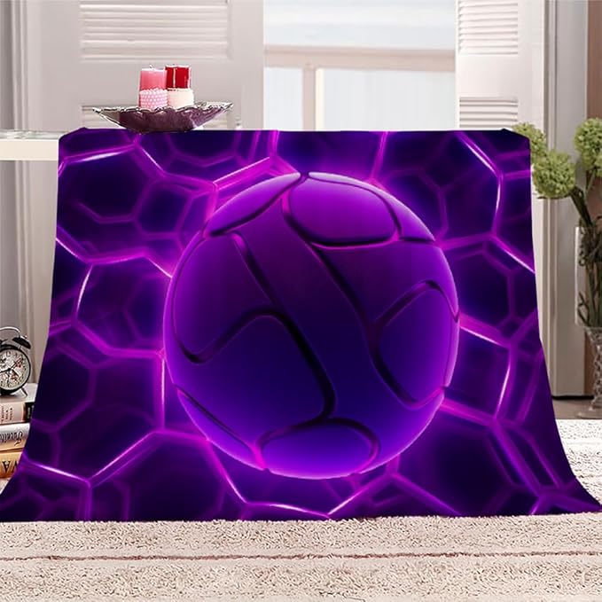Purple Ball Throw Blanket, Fleece Blanket for Couch Bed Sofa, Honeycomb Hexagon Blankets and Throws, Neon Light Lines Super Soft Cozy Plush Flannel Blanket, 40 x 50 in, Sports Theme