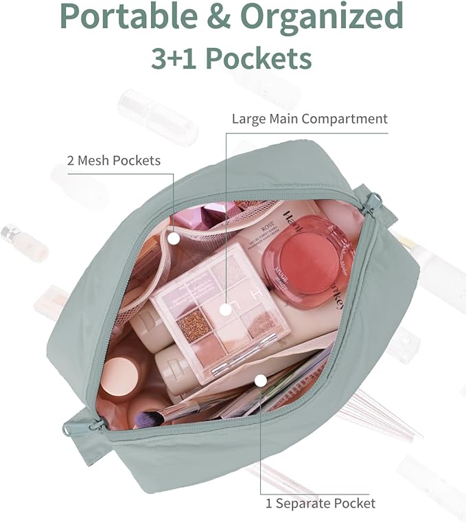 Narwey Makeup Bag Travel Toiletry Bag for Women Girls, Puffy Cute Cosmetic Bag Organizer Make up Bag with Compartments (Sage Green)