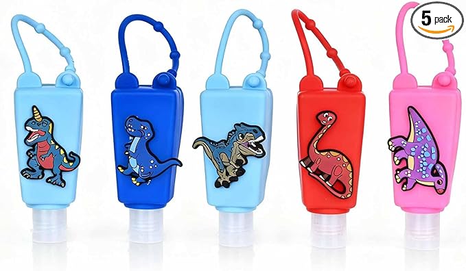 5-Pack Cartoon Kids Hand Sanitizer Holder, 30ml Travel Size Refillable Bottles with Silicone Case, Leak-Proof Portable Containers for Lotion & Liquid Soap (Roar Dino)