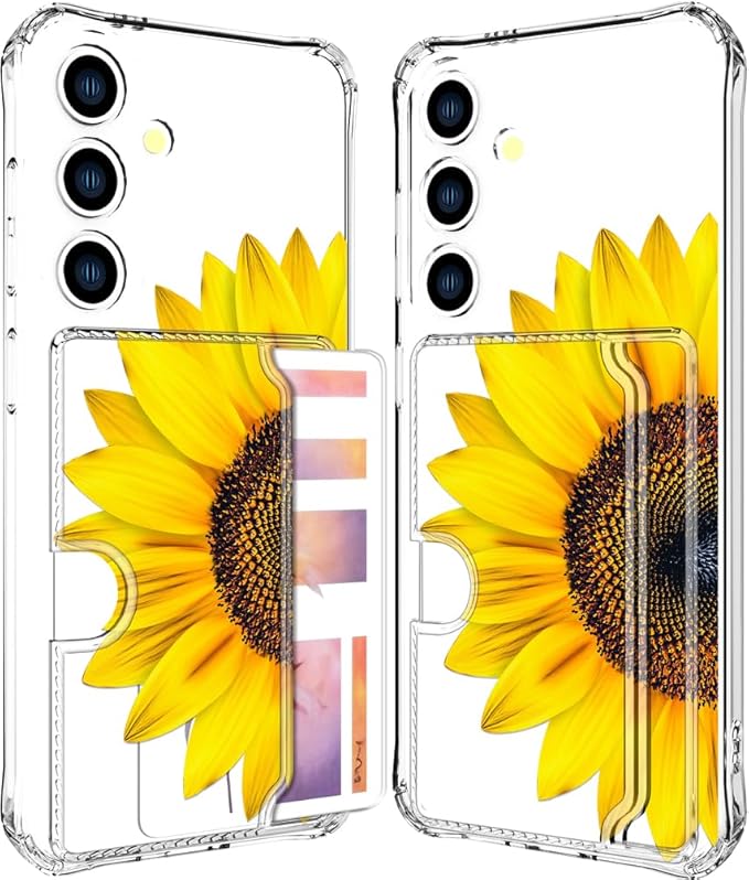 Compatible with Samsung Galaxy S24 / S25 Case Card Holder for Women Cute Design,Wallet Phone Cases Transparent Cool Kawaii Protective (Clear Sunflower Sun Flower)