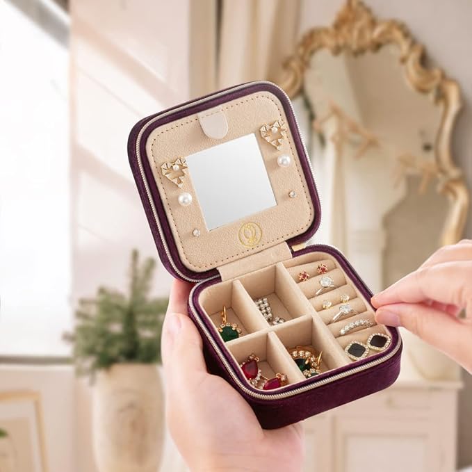 ZPROW Plush Velvet Travel Jewelry Case, Travel Jewelry Organizer, Jewelry Travel Case, Travel Jewelry Box, Small Jewelry Case, Jewelry Travel Box, Earring Organizer with Mirror - Purple 4packs