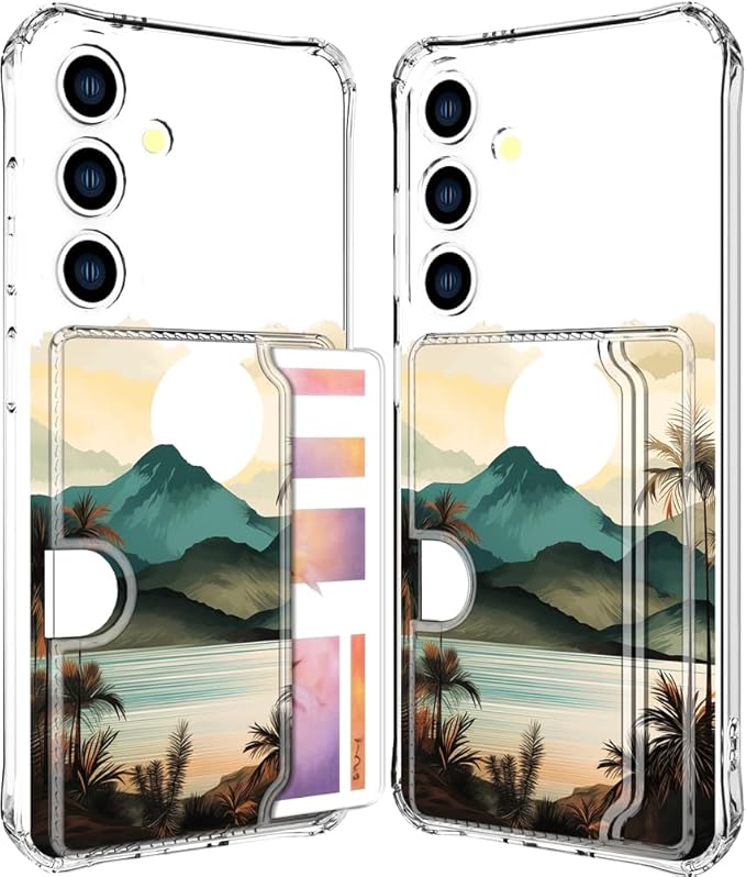Compatible with Samsung Galaxy S24+ Plus / S25+ Plus Case Card Holder for Women Cute Design,Wallet Phone Cases Transparent Cool Kawaii Protective (Clear Ocean Sun Mountains Sunset)