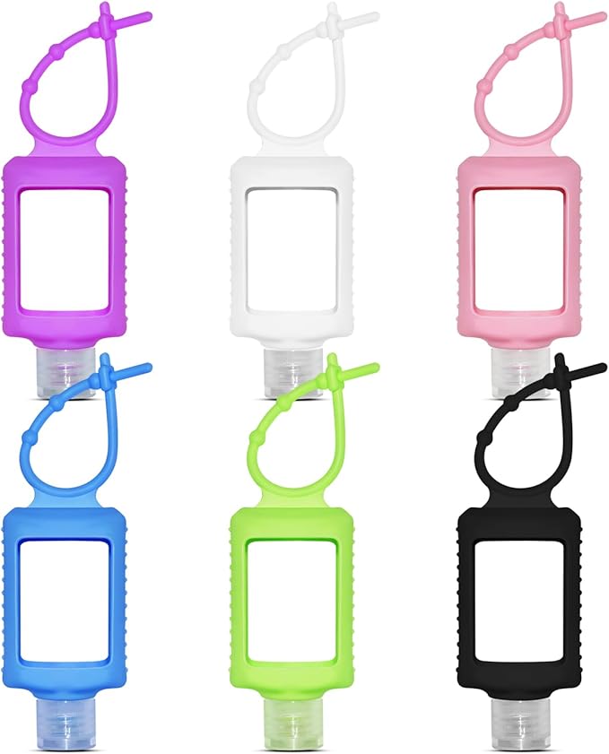 6Pcs Travel Size Empty Hand Sanitizer Holder with Silicone Keychain, 2 oz Leak Proof Refillable Plastic Bottles Portable Travel Containers with Detachable Silicone Case