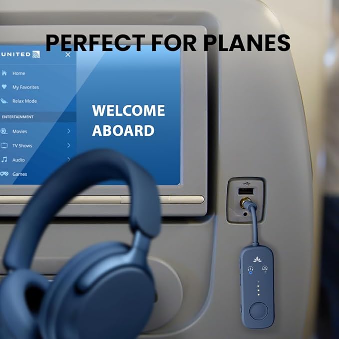 Avantree Relay - Premium Airplane Bluetooth Adapter with Advanced Qualcomm Chipset, 2 Headphones Support, 25hrs Play Time, aptX Adaptive & HD Audio Transmitter for Airpods, Bose & Travel Flight