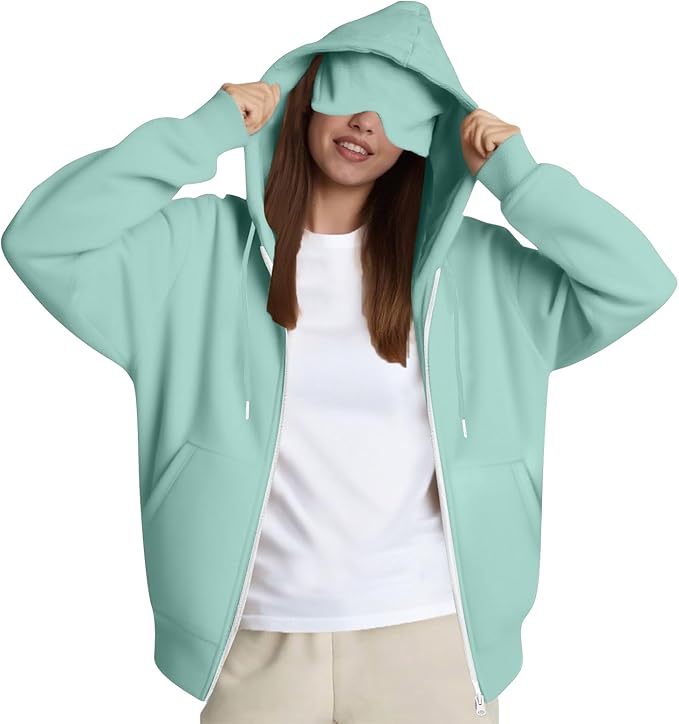 Zip Up Hoodie with Eye Mask Built In, Comfort Airplane Wearable Blanket Sweatshirt Men Women Sleep Clothes