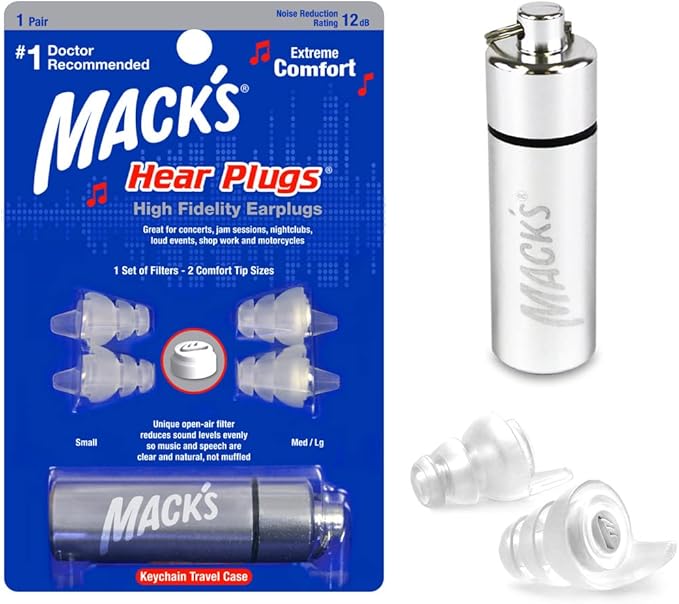 Mack's High Fidelity Ear Plugs for Concerts, Musicians, Motorcycles, Noise Sensitivity - 1 Pair (2 Comfort Tip Sizes) - Clear Hear Plugs with Case