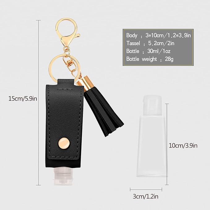 Unaone 1oz/30ml Hand Sanitizer Holder Travel Size, Empty Bottles Leather Sanitizer Holder with Keychain Portable Small Squeeze Bottle Refillable Container for Toiletry Lotion Liquid Soap Shampoo Black