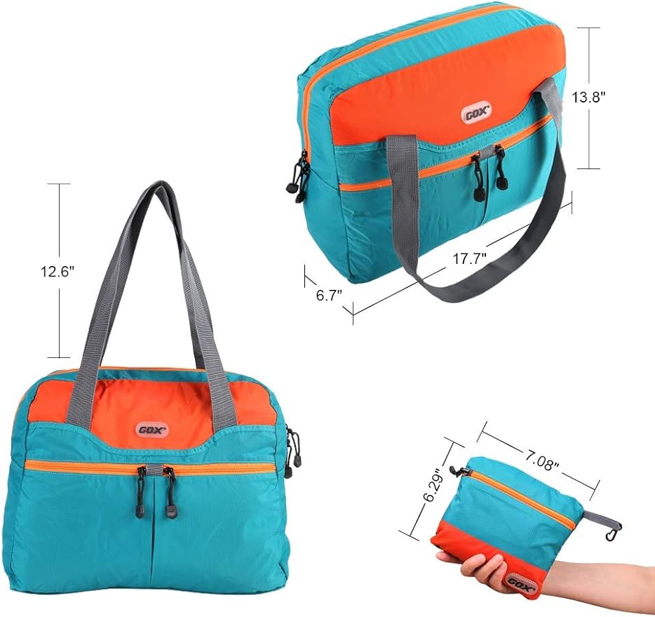 GOX Packable Tote Bag – Under Seat Airline Personal Item, Lightweight Foldable Travel Duffel 28L, Nylon Shoulder Bag for Women Men, Carry-on Weekender for Plane Gym (Turquoise)