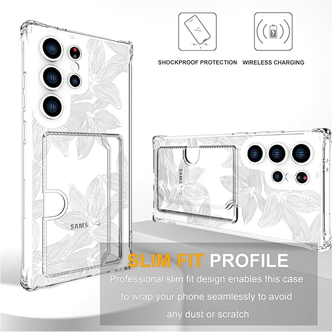 Compatible with Samsung Galaxy S24 Ultra Case Card Holder for Women Cute Design,Wallet Phone Cases Transparent Cool Kawaii Protective (Clear Flower White)