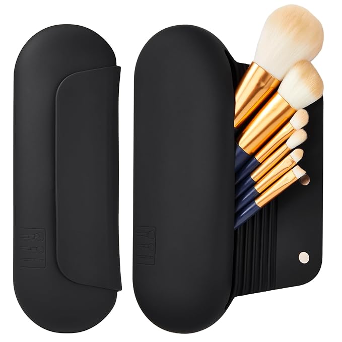 AGIKET Silicone Makeup Brush Holder Travel Cosmetic Bag：Soft Portable Cosmetic Face Brushes Holder with Upgrade Anti-Fall Out Magnetic Closure, Large Travel Makeup Brush Case - Black