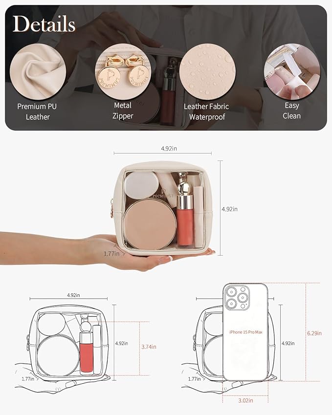 Pocmimut Clear Makeup Bag,Easy to Find Mini Makeup Bag for Purse,Travel Makeup Bag for Car, Compact Cosmetic Pouch for Daily Essentials,Beige