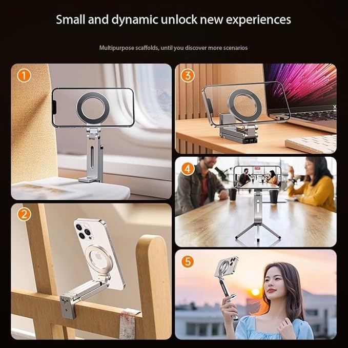 360° Rotation Magnetic Phone Stand with Tripod,Portable and Foldable Aluminium Alloy Phone Holder,Suitable for iPhone and All Mobile Phones,Essential Items for Flying or Traveling（Gray）