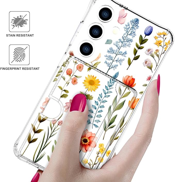 Compatible with Samsung Galaxy S24 / S25 Case Card Holder for Women Cute Design,Wallet Phone Cases Transparent Cool Kawaii Protective (Clear Multicolored Flowers Branches)