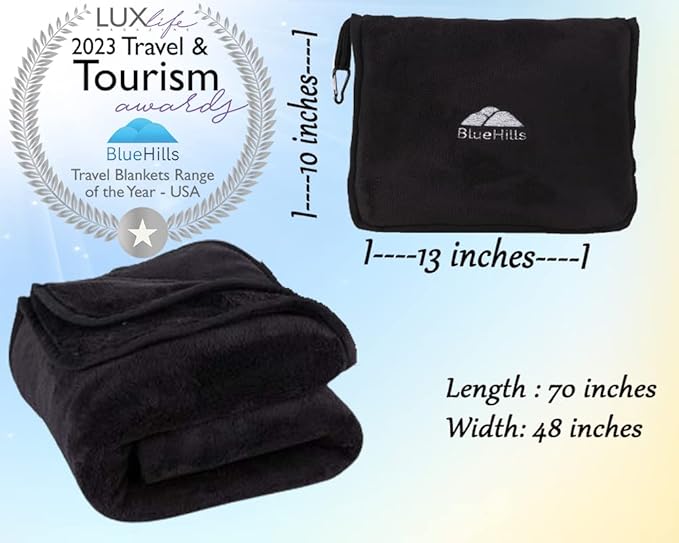 BlueHills Soft Long Travel Blankets 70X48 inches Large Plush Value Pack Set of 2 - Premium Airplane Travel Essential Flight Blanket Throw in a case Compact Plane Travel Gift – Navy Blue and Black