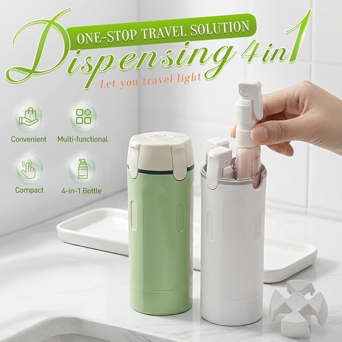 4 in 1 Travel Dispenser, 2026 New Travel Bottles for Toiletries, 4-in-1 Travel Refill Bottle Portable Travel Size Containers for Shampoo Lotion Conditioner Cream (Green)