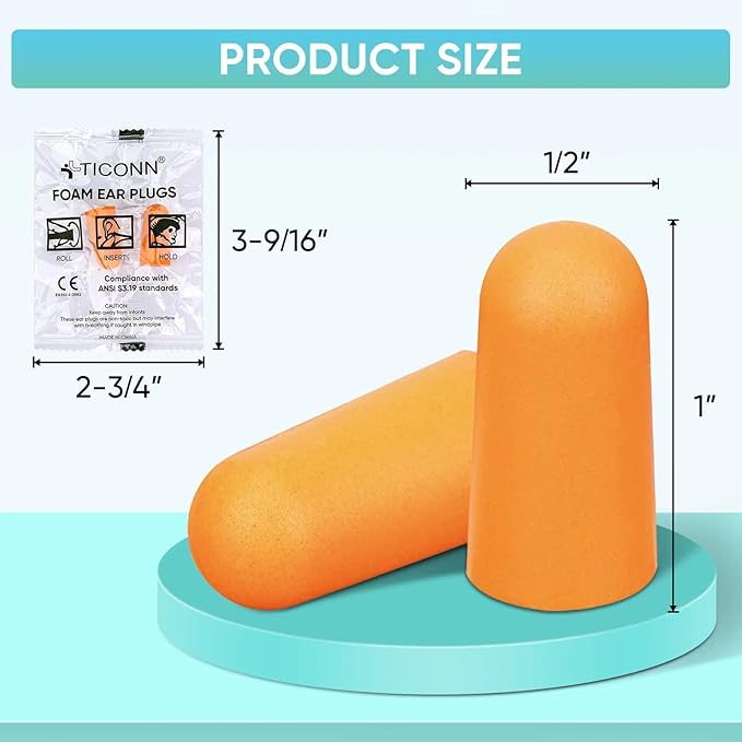 TICONN 200 Pairs Foam Ear Plugs, Individually Wrapped 32dB NRR Noise Reduction Earplugs for Sleeping Hearing Protection Travel Study Concentration Construction Site (200 Pairs)