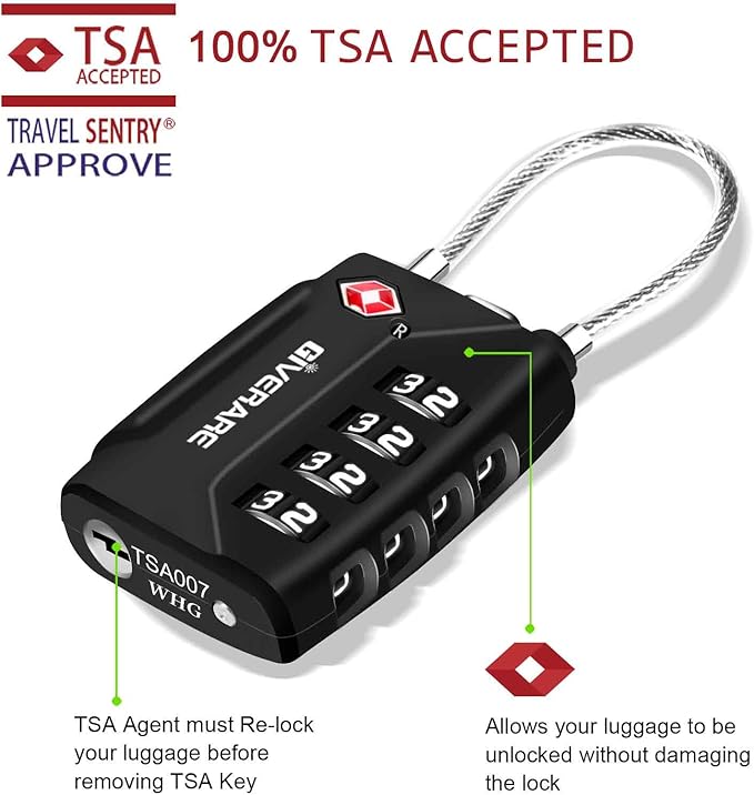 2 Pack TSA Approved Travel Luggage Locks, 4-Digit Metal Cable Combination Suitcase Lock, Alloy Padlocks, Weatherproof Padlock for Locker, Golf Bag, Gun Case, Backpack, Anti Theft-Black&Silver