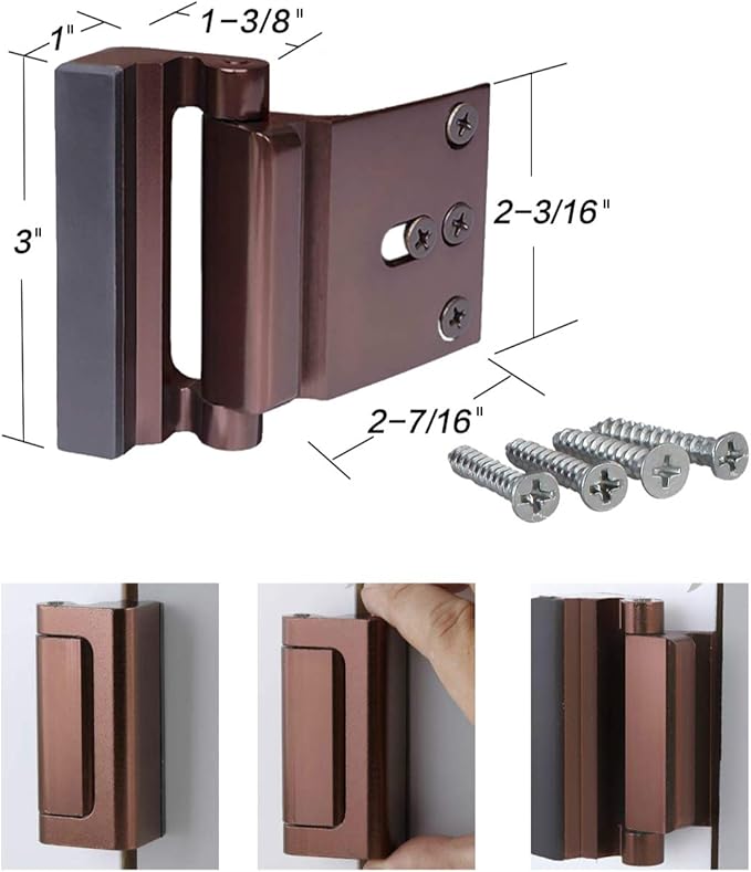2 Pack Door Reinforcement Locks with 8 Screws, Home Security Childproof Night Lock Withstands 800 Lbs Brown