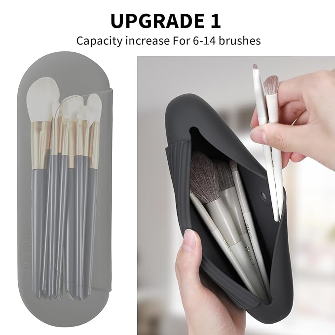 AGIKET 2 IN 1 Silicone Makeup Brush Holder with Beauty Make Up Sponge Holder Case：Soft Portable Cosmetic Face Brushes Holder with Upgrade Anti-Fall Out Magnetic Closure - Grey