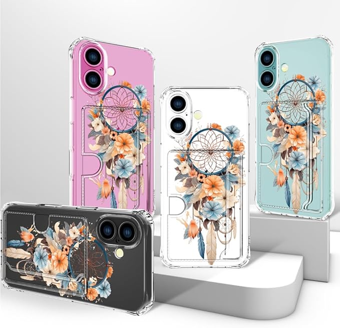 Compatible with iPhone 17 Case Card Holder for Women Cute Design,Wallet Phone Cases Transparent Cool Kawaii Protective (Clear Dreamcatcher Dream Cather)
