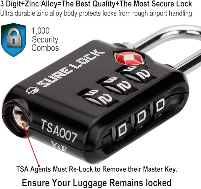 SURE LOCK TSA Approved 3 Digit Luggage Locks With Zinc Alloy Body and Hardened Steel Shackle To Lock Travel Suitcase