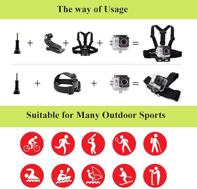 Action Camera Accessories Head Strap Mount Chest Harness Compatible with AKASO EK7000 Brave 4 Brave 7 LE V50X Native/GoPro HERO 13 12 11 10 9 8 7 6 5/VEMONT/Dragon Touch/ODDV/HLS/Apexcam/REMALI