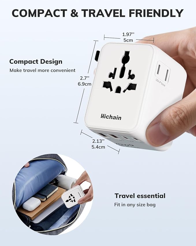 Hichain 70W GaN Universal Travel Adapter, European Travel Plug Adapter 2 USB-A & 2 USB-C Fast Charging Travel Adapter All-in-one International Power Adapter for USA EU UK AUS Travel Essentials White