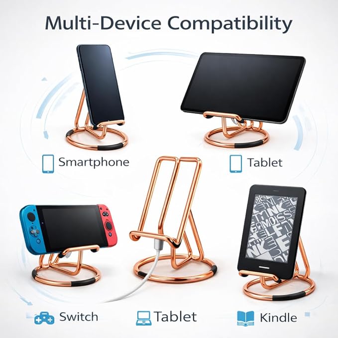 Mizi Cell Phone Stand for Desk – Metal Mobile Phone Holder Compatible with iPhone, iPad, Switch & All Smartphones – Cute, Classy Stylish Display Stand – Rose Gold