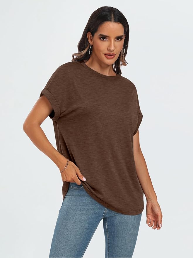 AUTOMET Women's Oversized Short Sleeve T Shirts Casual Drop Shoulder Rolled Cuff Summer Tops for Work, Travel and Lounge