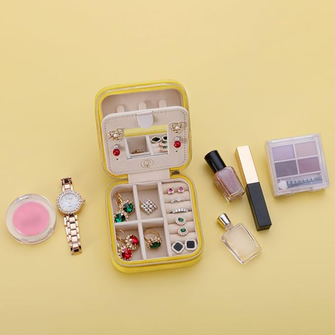 ZPROW Plush Velvet Travel Jewelry Case, Organizer, Box, Small Case for Women, Earring Organizer with Mirror, Best Gifts For Daughter, Girlfriend, Mom | Gifts For Her - Yellow