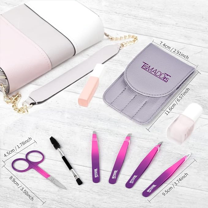 Eyebrow Tweezer Set, TsMADDTs 6 pcs Tweezers Set for Women with Curved Scissor for Ingrown Hair, Hair Plucking Daily Beauty Tools (Pink&Purple)