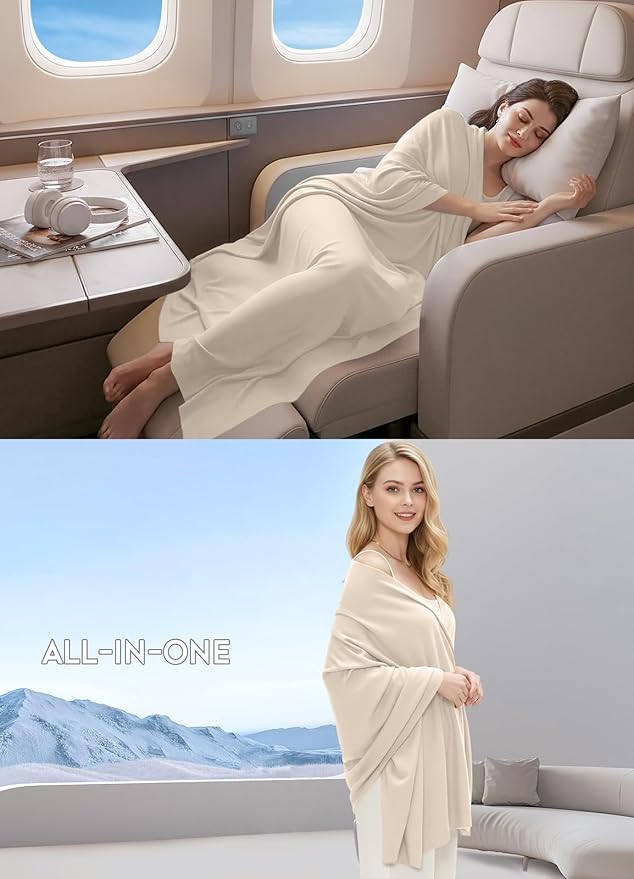 Women's Wool Blend Travel Scarf Lightweight Breathable Wrap Pashmina Airplane Blanket Shawl
