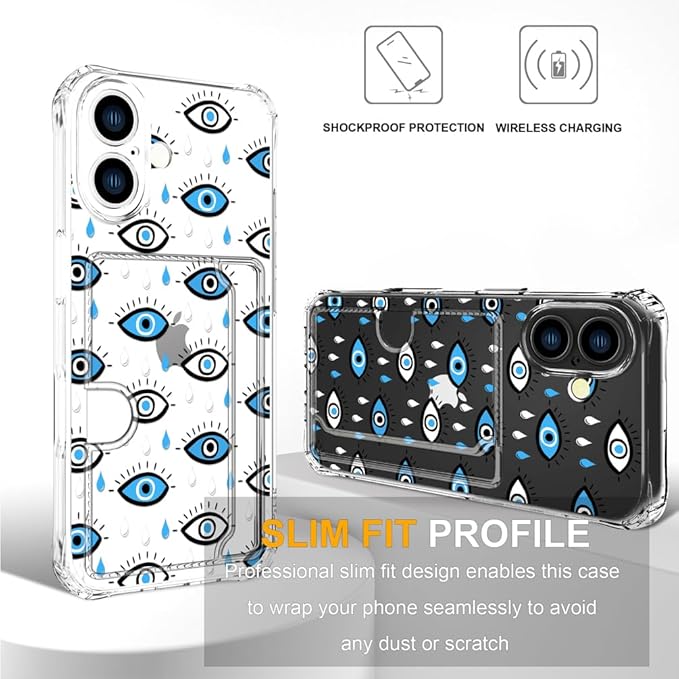 Compatible with iPhone 17 Case Card Holder for Women Cute Design,Wallet Phone Cases Transparent Cool Kawaii Protective (Clear Blue Evil Eyes)