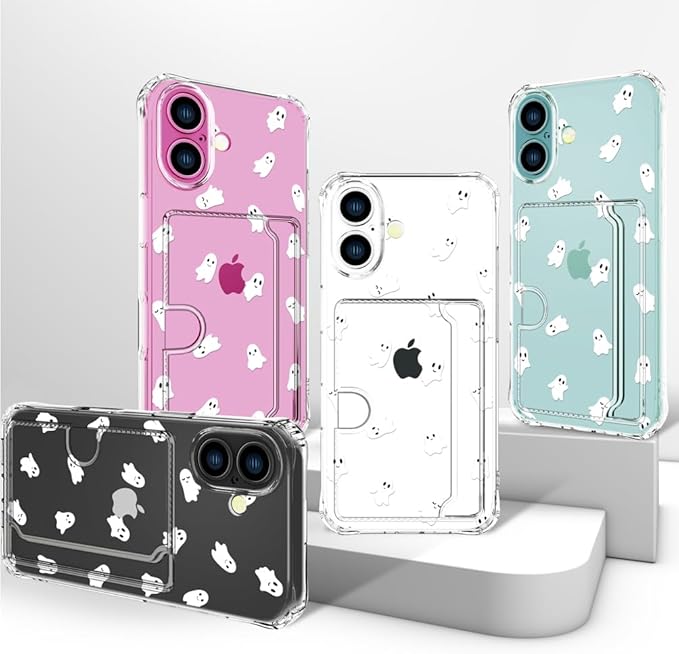 Compatible with iPhone 17 Case Card Holder for Women Cute Design,Wallet Phone Cases Transparent Cool Kawaii Protective (Clear Ghosts Halloween Hallowmas)