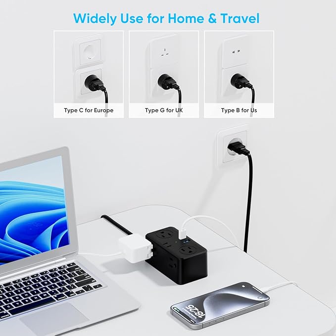 Kakyanill European Travel Plug Adapter, EU/UK/US Travel Plug Adapter Power Strip, 6 AC Outlets, 4 USB Ports (2 USB C), 3ft Wrapped Around Extension Cord, Compact for Travel, Black