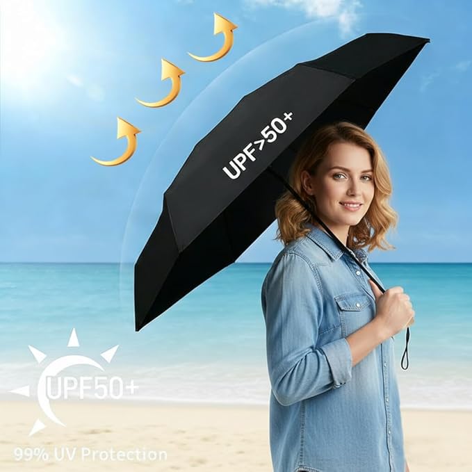 Windproof Mini Travel Folding Umbrella, UPF 50+ Sun & Rain Protection, Compact Lightweight, Eco-Friendly Fabric Wallet Umbrella Fits in Pocket Purse Backpack for Men Women Kids