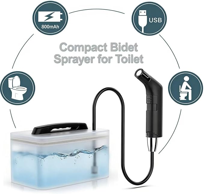 COSWE Portable Travel Bidet Electric Rechargeable Handheld Personal Bidet Sprayer for Hygiene Cleaning for Toilet with 2.3 liters Water container (Black), LIUW_JP2201