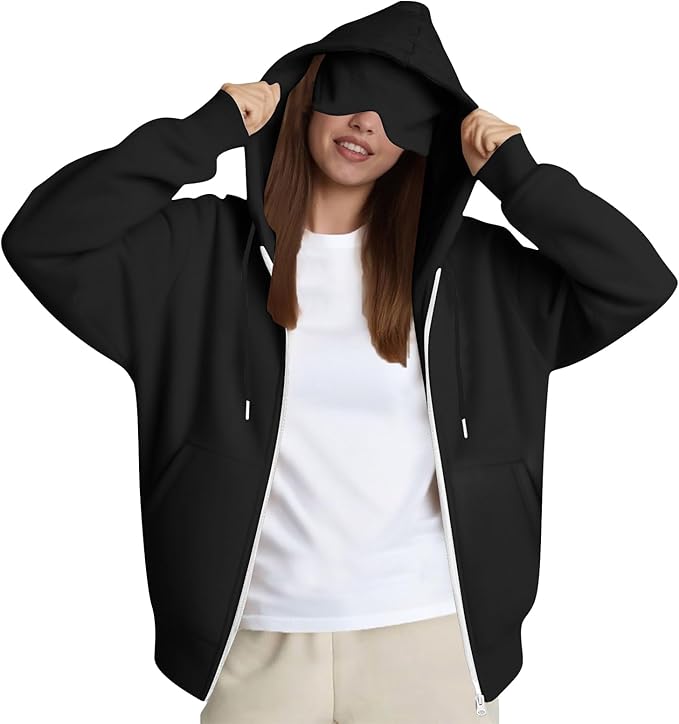 Zip Up Hoodie with Eye Mask Built In, Comfort Airplane Wearable Blanket Sweatshirt Men Women Sleep Clothes
