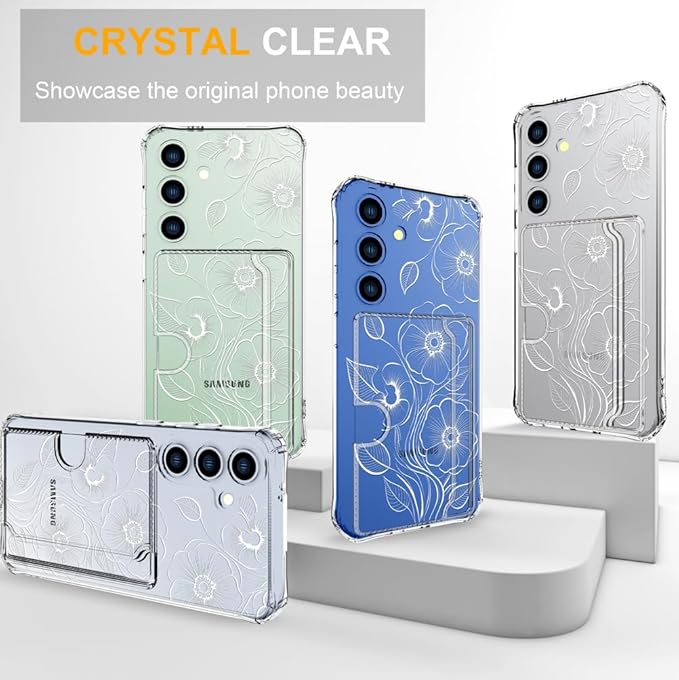 Compatible with Samsung Galaxy S24+ Plus / S25+ Plus Case Card Holder for Women Cute Design,Wallet Phone Cases Transparent Cool Kawaii Protective (Clear Seamless Abstract Flower)