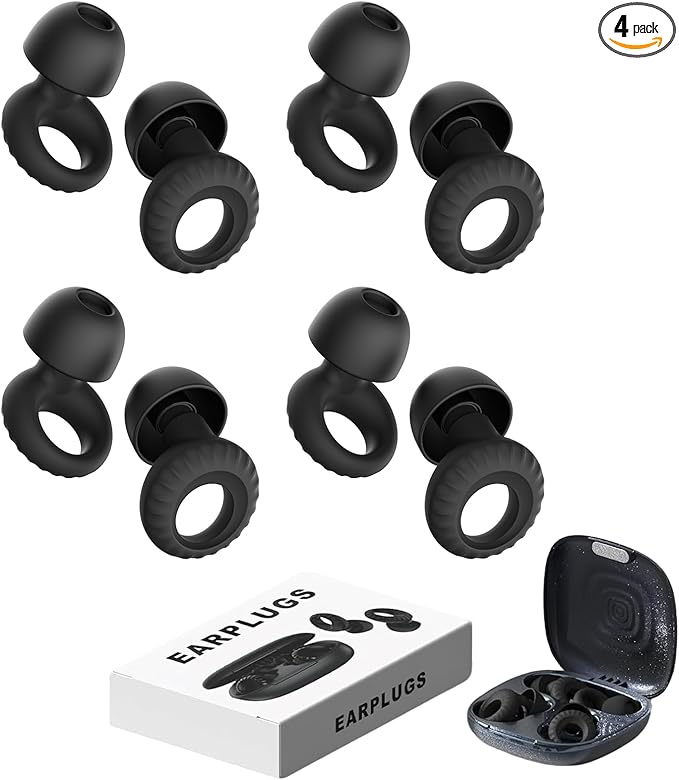Noise Cancelling Ear Plugs for Sleeping, Concerts & Travel – Reusable Silicone Earplugs for Noise Reduction & Hearing Protection – 4 Pairs, Black + Black