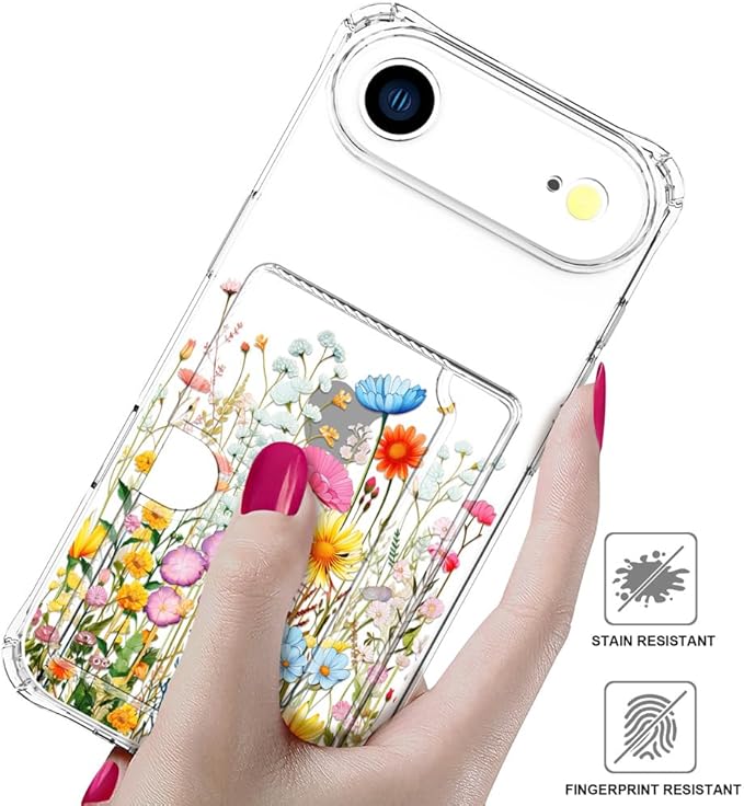 Compatible with iPhone 17 Air Case Card Holder for Women Cute Design,Wallet Phone Cases Transparent Cool Kawaii Protective (Clear Flowers Herbs Wild Plants)
