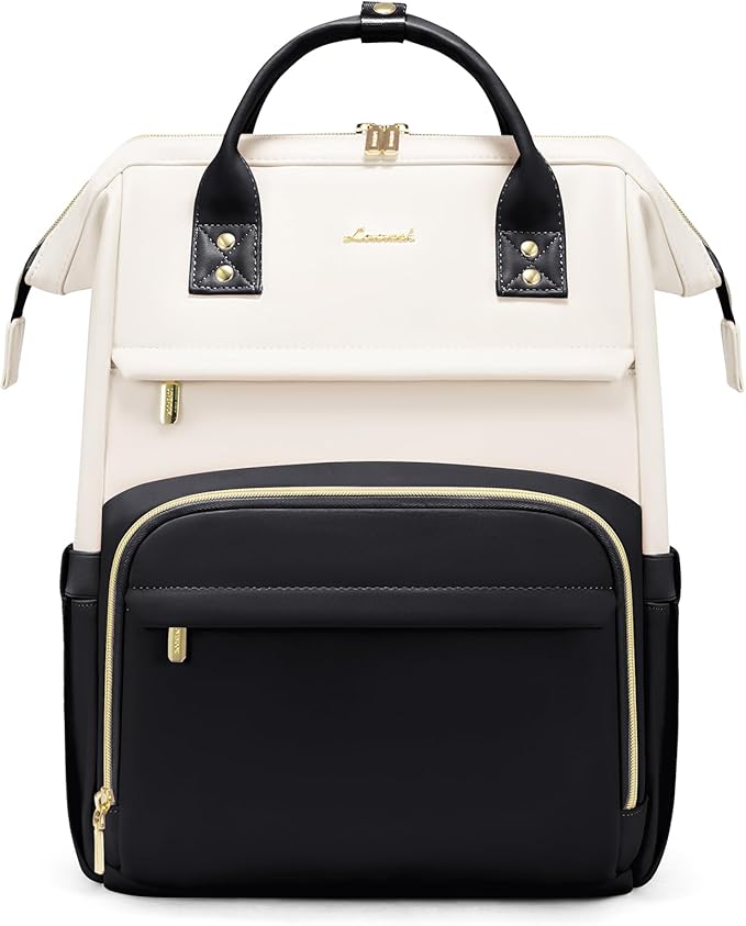 LOVEVOOK Leather Backpacks for Women,15.6 inch Leather Laptop Backpack Women,Professional Work Backpack Nurse College Teacher Bag,Womens Laptop Bag Computer Travel Backpacks Purse,Beige White-Black