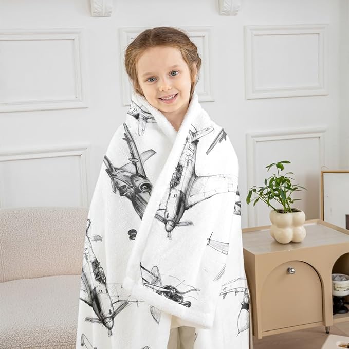 Airplane Kids Throw Blanket,American Aircraft Vintage Toddler Bed Blanket for Girls Boys Adults,Air Vehicles Air Plane Fleece Blanket,Black White Fuzzy Blanket,40 x 50 Inches