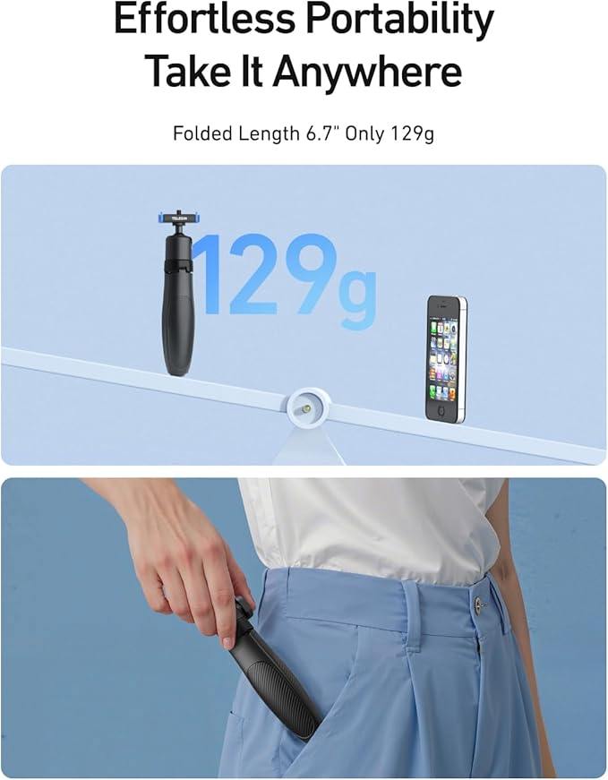 TELESIN 40cm/15.7'' Mini Selfie Stick Tripod Compatible with Gopro 13 Action Camera, Magnetic Quick Release Selfie Handle Grip,360° Adjustable Portable Extension Monopod for Go Pro Hero 13 Accessories