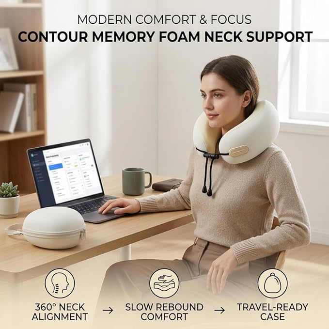 Travel Neck Pillow with Storage Case, 100% Pure Memory Foam, Airplane Head Support for Flight Sleeping, Portable, Beige