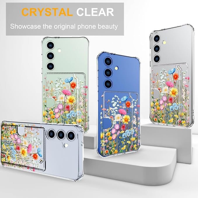 Compatible with Samsung Galaxy S24+ Plus / S25+ Plus Case Card Holder for Women Cute Design,Wallet Phone Cases Transparent Cool Kawaii Protective (Clear Flowers Herbs Wild Plants)